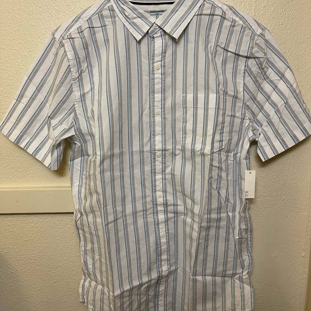 Amazon Essentials Men's Light Blue and White Striped Shirt